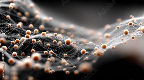 Abstract network of interconnected spheres and lines against a dark background.