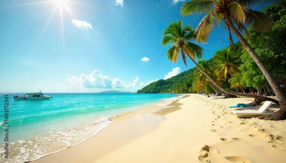 Golden sand meets turquoise waves, palm trees sway gently , beach background, sand Golden sand meets turquoise waves, palm trees sway gently , beach background, sand