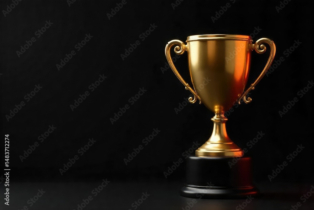 Golden trophy on black background, victory concept , triumph, reflection, top Golden trophy on black background, victory concept , triumph, reflection, top