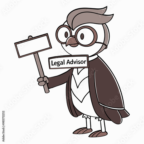 Owl cartoon character as legal advisor holding signboard with copy space