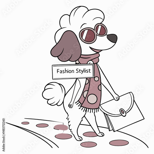Chic dog cartoon character as fashion stylist walking with briefcase and copy space