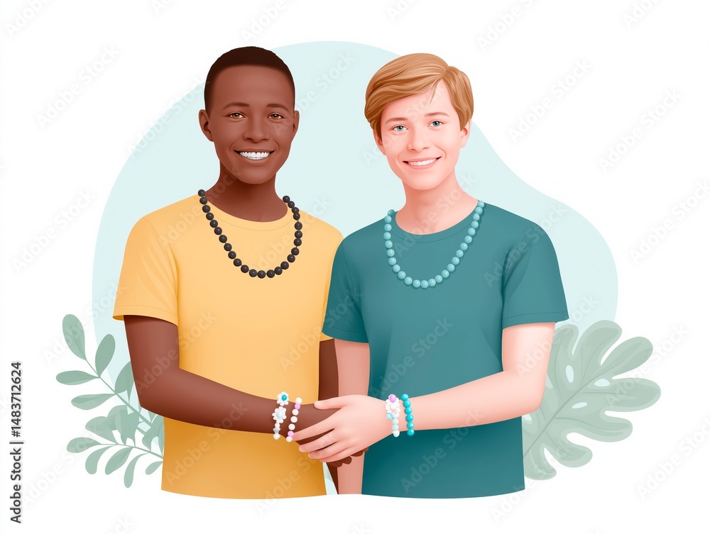 Fototapeta premium Two young men, one with dark skin and the other with light skin, are smiling and wearing colorful beaded bracelets, showcasing friendship and cultural diversity in a vibrant illustration