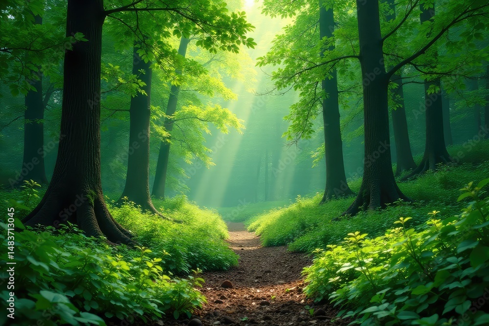Naklejka premium Lush green forest background, perfect for nature themes , untouched, leaves, mystical