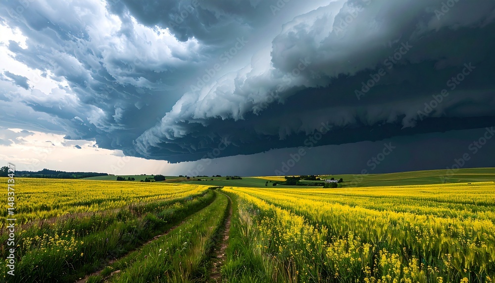 Obraz premium a quiet landscape with dark storm clouds looming in the background