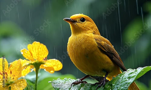 Small yellow bird perched beside yellow flower in a shower of gentle rain