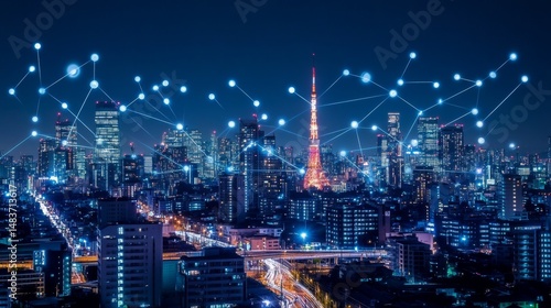 Wallpaper Mural Illuminated smart city skyline at night tokyo digital communication network urban environment aerial view wireless connectivity concept Torontodigital.ca