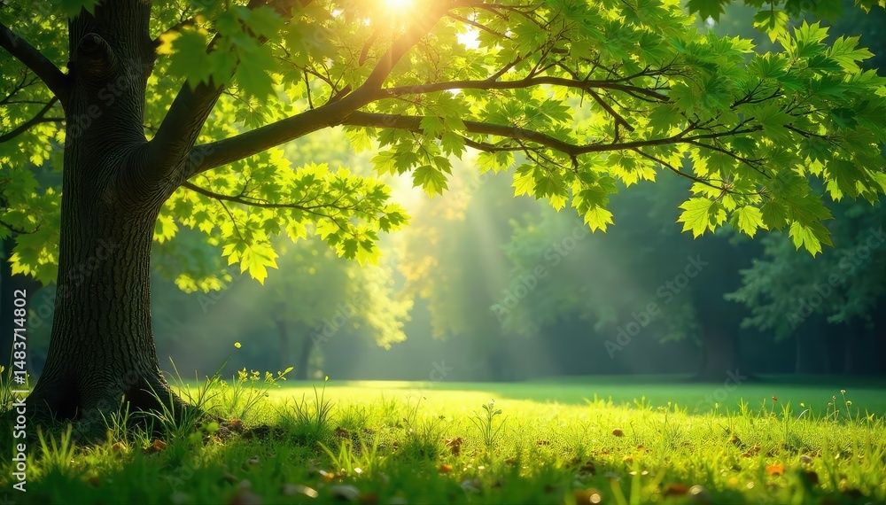 Fototapeta premium Sunlight dappling beech leaves, fresh spring growth , beech, botany, flora