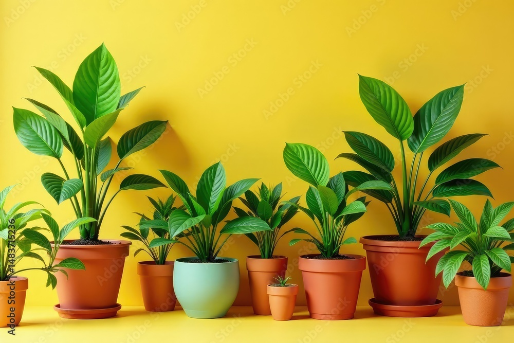 Fototapeta premium Vibrant potted plants in various sizes and types, showcasing healthy foliage , succulents, wellness, kitchen
