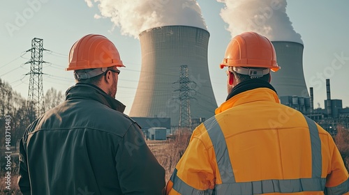 Two workers in protective gear stand facing away from viewer at a power plant.