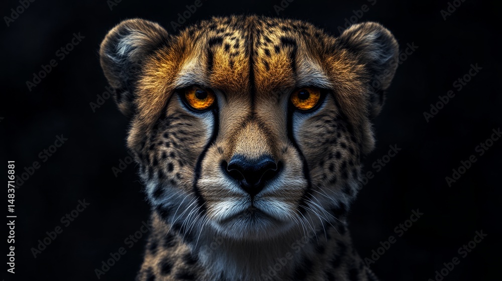 Fototapeta premium Cheetah in action african savanna wildlife photography dark environment close-up viewpoint striking golden eyes concept
