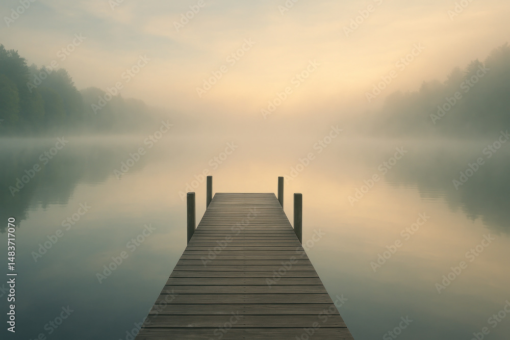 Fototapeta premium Foggy lake background, a solitary dock.