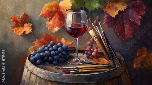 Creative Autumn Vibes: Red Wine Glass, Fresh Grapes, and Paint Brushes Arranged on a Rustic Wine Barrel