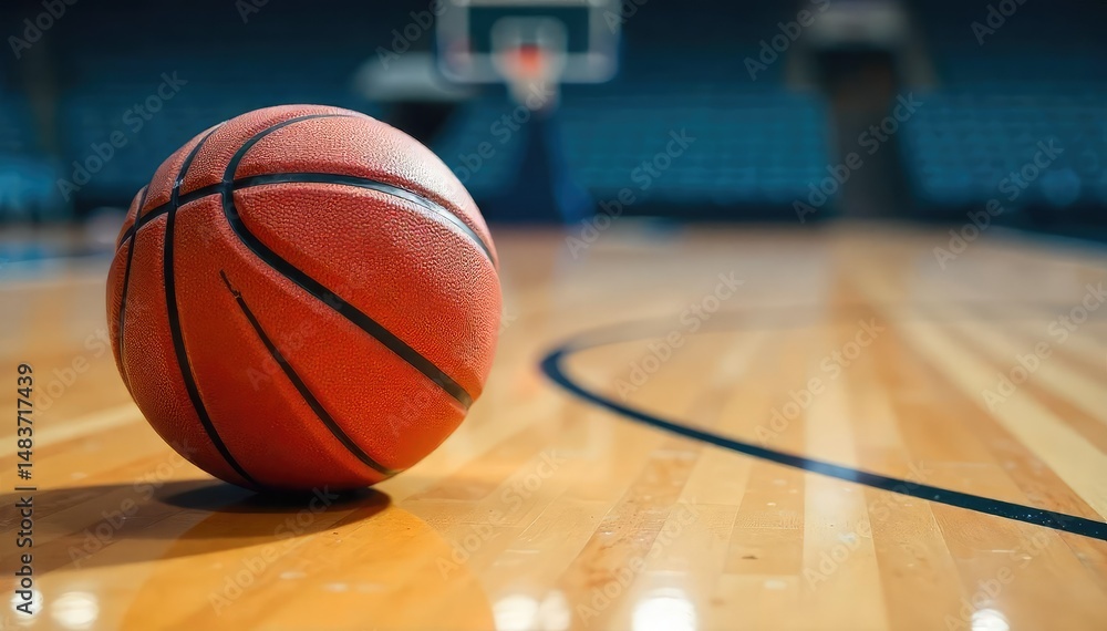 Naklejka premium Close-up of a basketball on a polished court floor, ready for the next game , victory, grain
