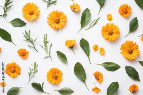 Floral pattern with calendula flowers and green leaves for textile, wallpaper, and decorative design elements