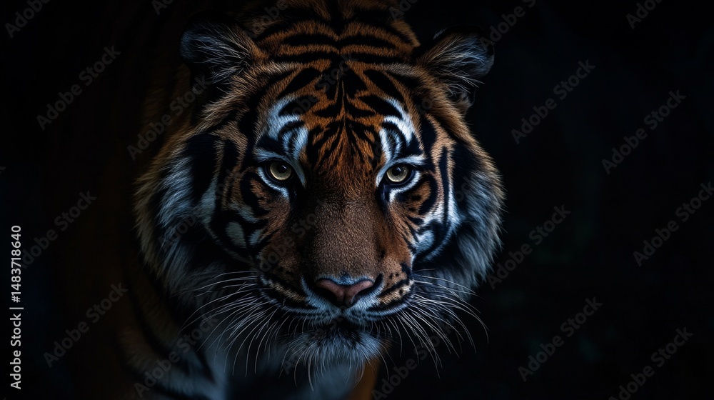 Fototapeta premium Tiger's sharp eyes glowing in the dark jungle night wildlife photography mysterious environment close-up alertness and beauty