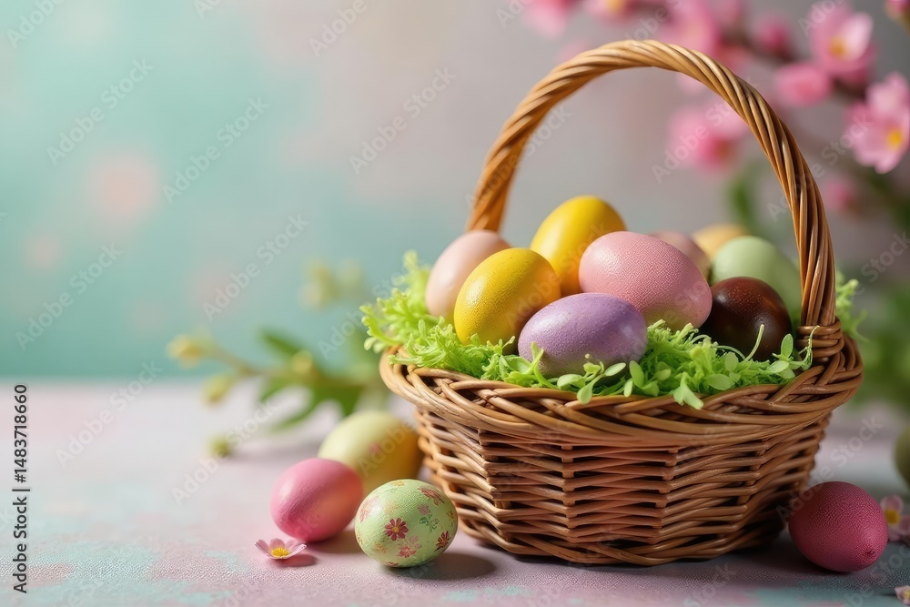Colorful chocolate Easter eggs in a basket, springtime treat , delicious, chocolate candy, bunny ears Colorful chocolate Easter eggs in a basket, springtime treat , delicious, chocolate candy, bunny ears