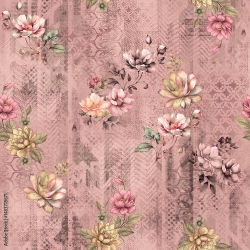 A seamless allover floral pattern featuring delicate blossoms, leaves, and vines in a harmonious arrangement. Perfect for fabric prints, wallpapers, stationery, packaging, and branding projects