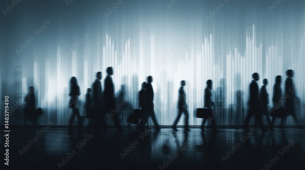 Silhouetted people walk in a group against a blurred abstract blue background. Silhouetted people walk in a group against a blurred abstract blue background.