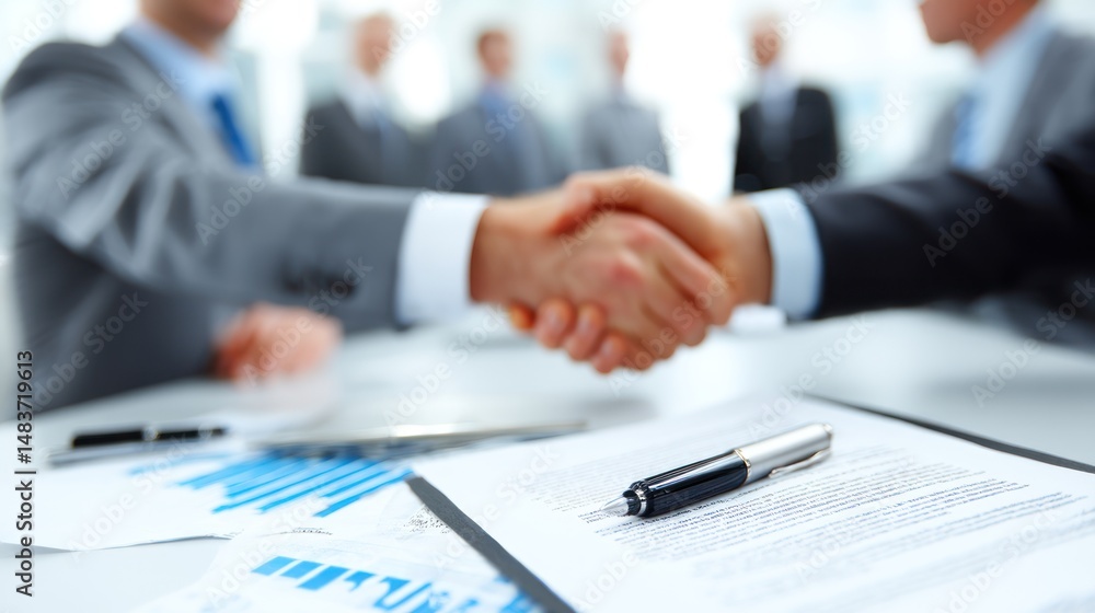 Businessmen shaking hands over documents and a pen in an office setting. Businessmen shaking hands over documents and a pen in an office setting.