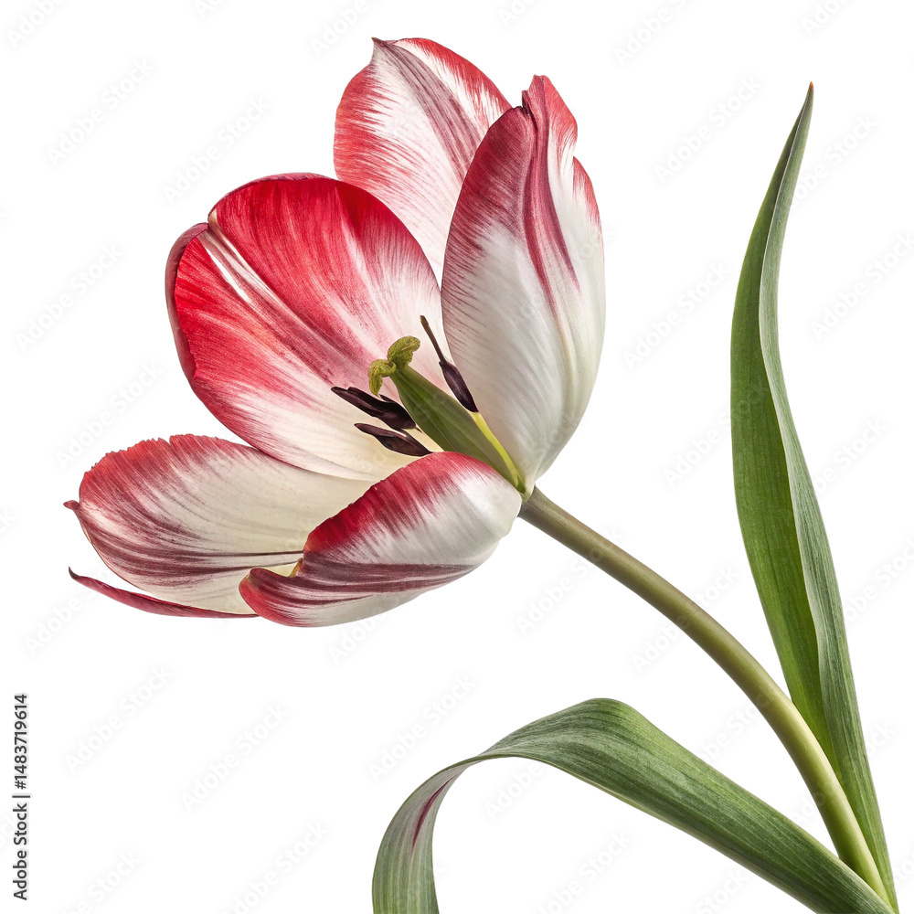 Naklejka premium vibrant red and white tulip flower isolated on a plain white background