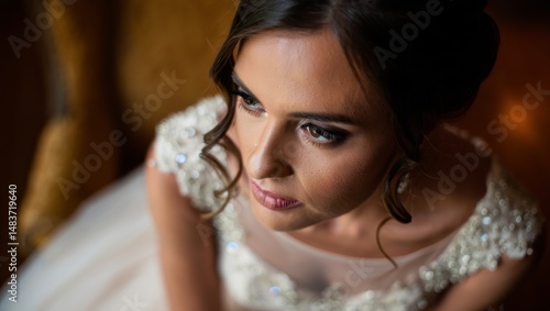 Elegant Bride in Lace Wedding Dress with Soft Makeup and Updo – Cinematic Editorial Portrait