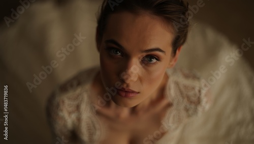 Elegant Bride in Lace Wedding Dress with Soft Makeup and Updo – Cinematic Editorial Portrait