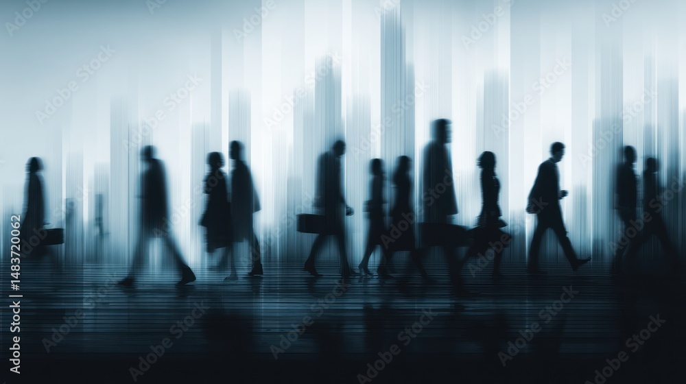 Blurred figures walk in a city street with tall buildings in the background. Blurred figures walk in a city street with tall buildings in the background.