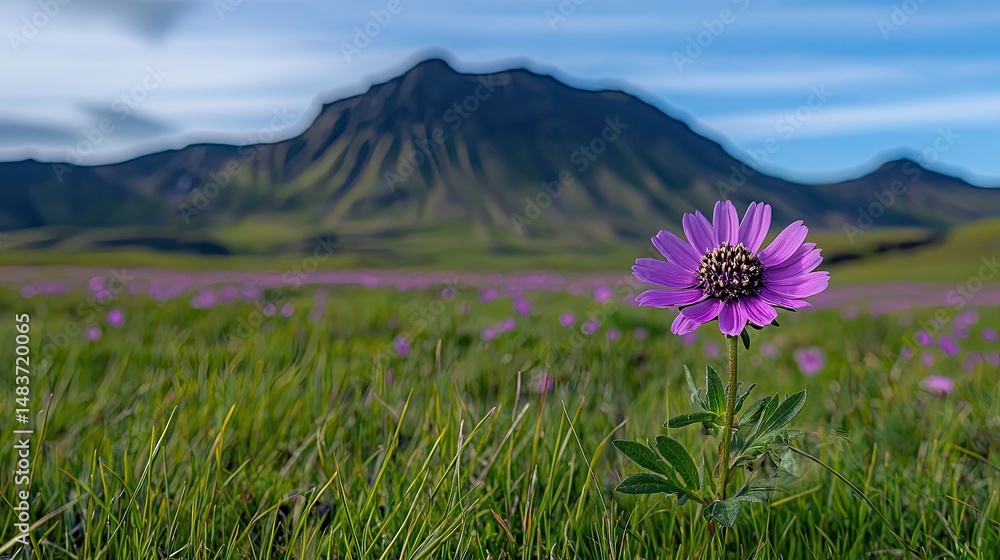 Obraz premium Solitary purple flower in grassy meadow against backdrop of mountains.