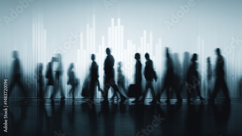 Blurred silhouettes of people walking in a city setting with light background.