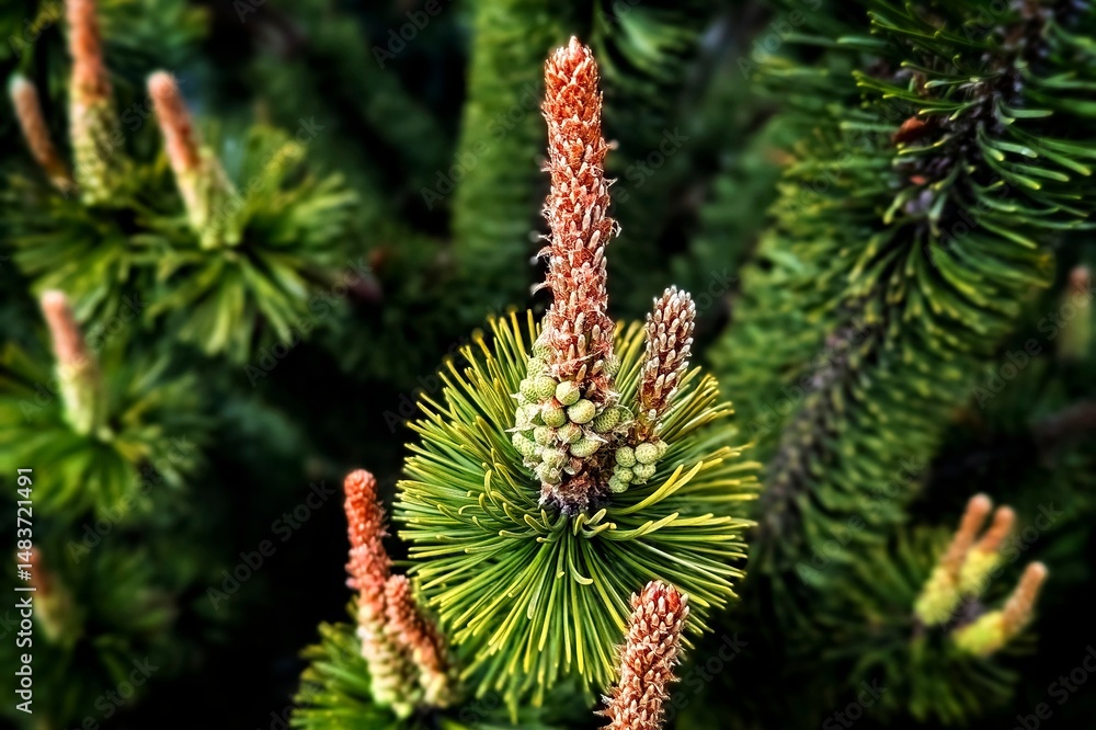 Pine dwarf European blooms. Zherep in spring. Pine dwarf European blooms. Zherep in spring.