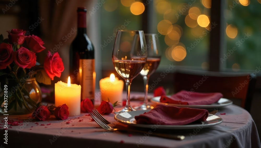 Obraz premium Romantic anniversary dinner setting with candles and wine , romantic, food, warm