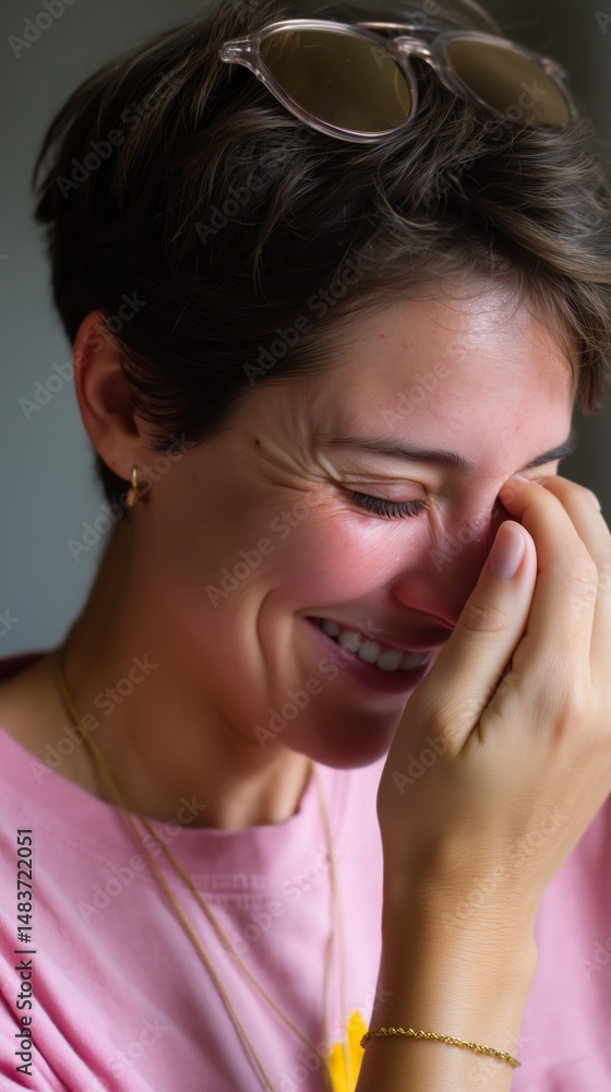 Fototapeta premium Smiling woman with short hair wipes tears of joy in a cozy indoor setting during daytime