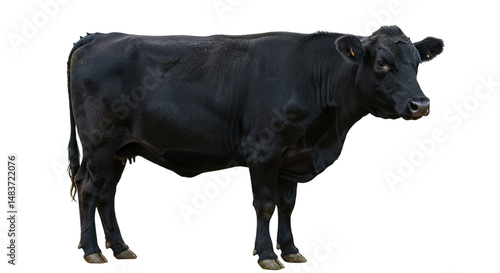 A single black angus cow standing in a field with a plain black background on an overcast day