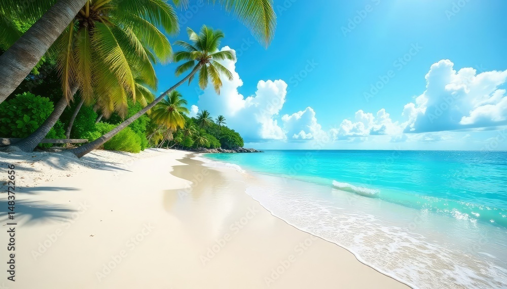 Obraz premium Sun-drenched beach scene with vibrant turquoise water and white sand , blue, horizon