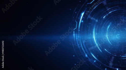 Abstract blue glowing circular tech design on dark background.