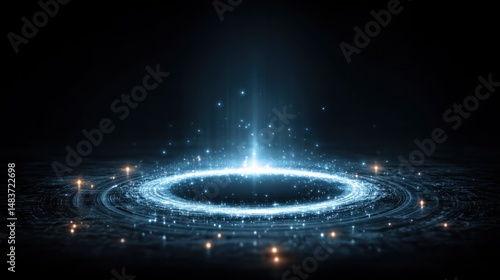 Glowing blue circle with light beam on dark background abstract futuristic design.