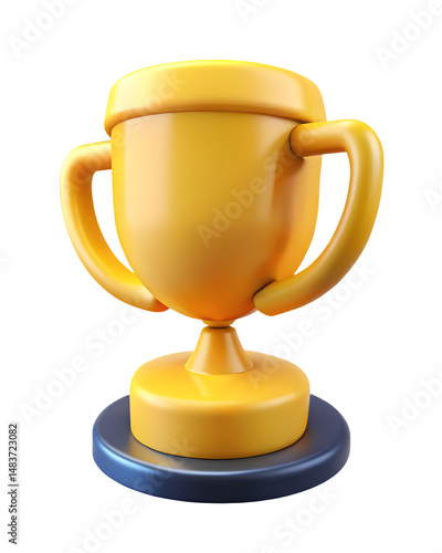 Golden trophy cup with two handles, front view. 3D rendering isolated on transparent background.  Cartoon plastic style award icon.