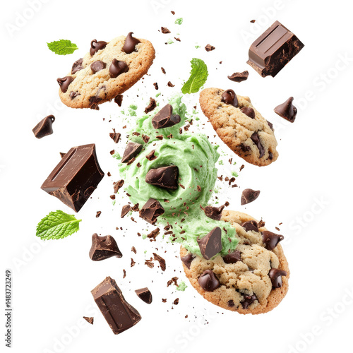 Delicious Mint Chocolate Chip Ice Cream with Freshly Baked Cookies and Chocolate Chunks on a Vibrant Background on transparent background