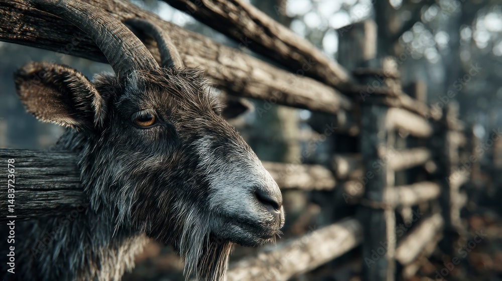 Fototapeta premium Detailed CloseUp of a Goat with Curved Horns Near a Wooden Fence