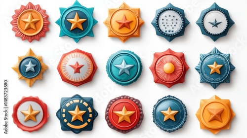 Colorful star-shaped badge icons in playful style on white background.