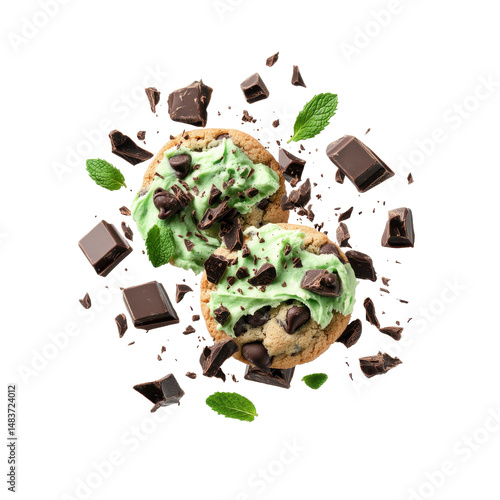 Mint Chocolate Chip Cookies with Chunks and Garnish on a White Background on transparent background