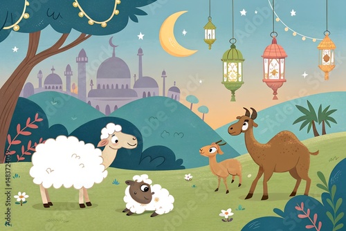 Eid ul Adha animated celebration scene with cheerful goats in festive clothes with lights and joyful Islamic atmosphere