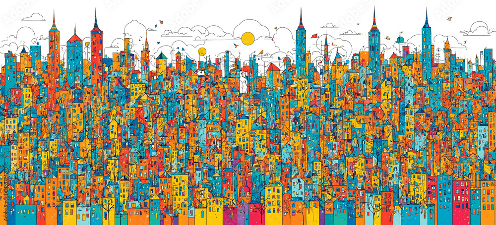Obraz premium Detailed illustration of a colorful, bustling city skyline with various buildings, spires, and urban details. Lively, vibrant street view