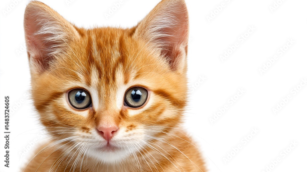 Fototapeta premium Ginger kitten staring with intense gaze on white background