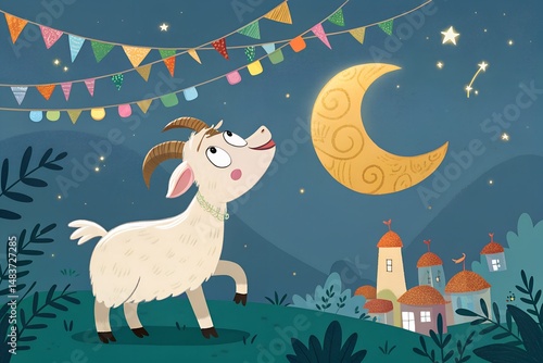Festive Cartoon Cow in Elegant Traditional Attire with Lanterns and Colorful Bunting