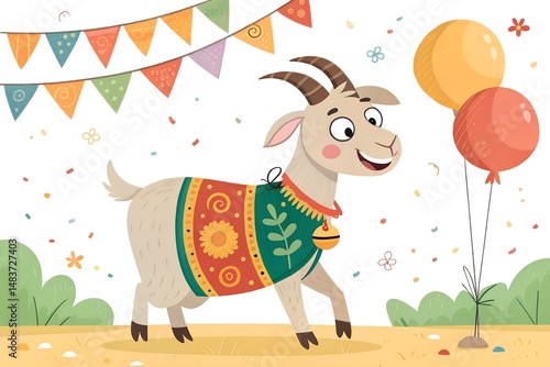 Festive Cartoon Cow in Traditional Attire with Crescent Moon, Lanterns, and Decorative Flags