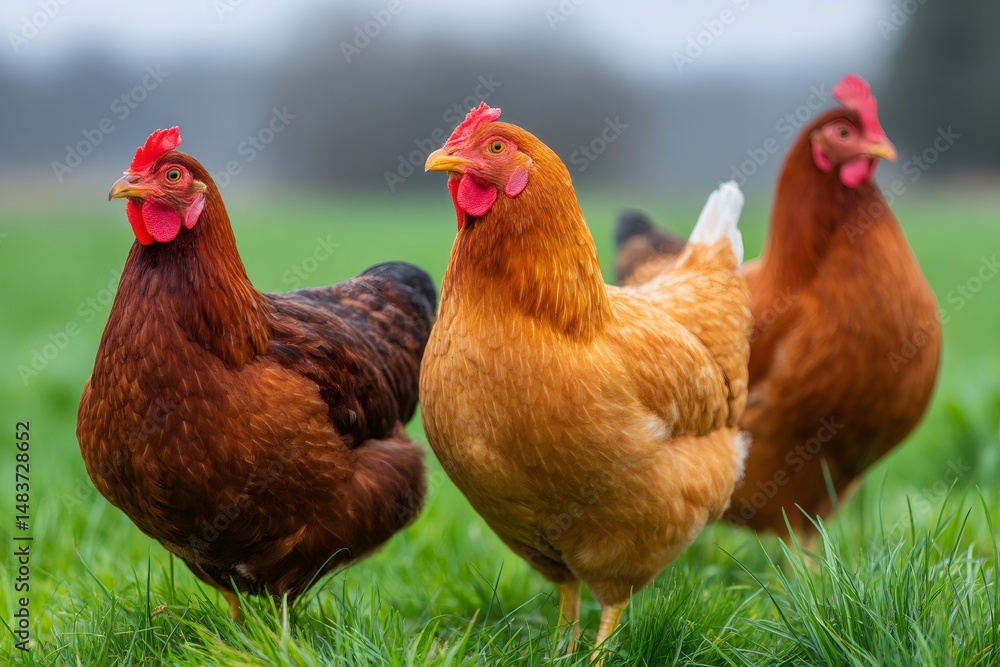 Fototapeta premium Three hens standing in green grass on a farm