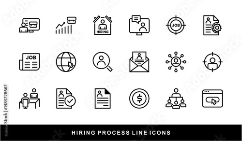 Hiring Process Line Icons. Recruitment, Job Application, Interview, Candidate Selection Vector Set