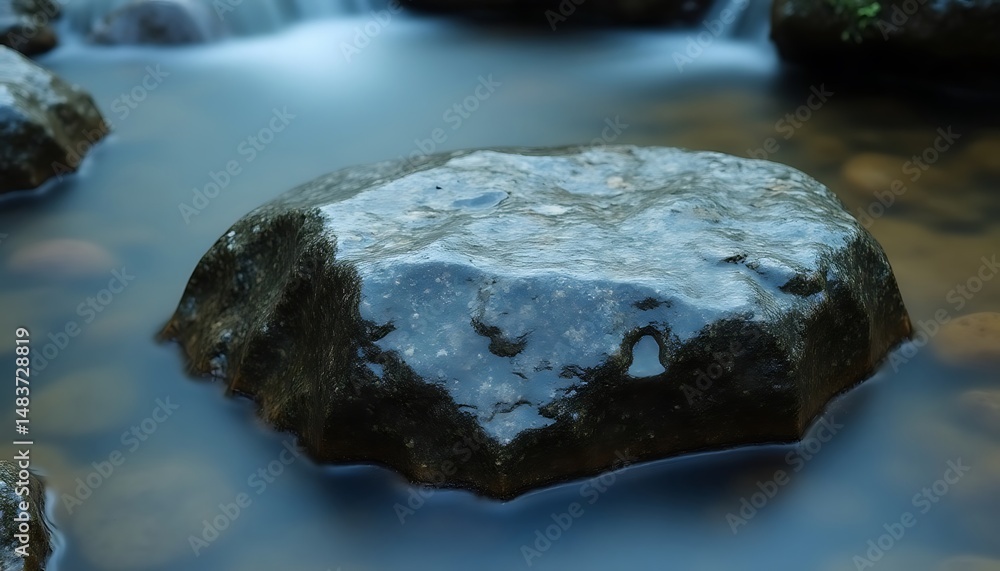 Naklejka premium Serene Stillness A Smooth, Dark Rock Submerged in a Gentle Stream