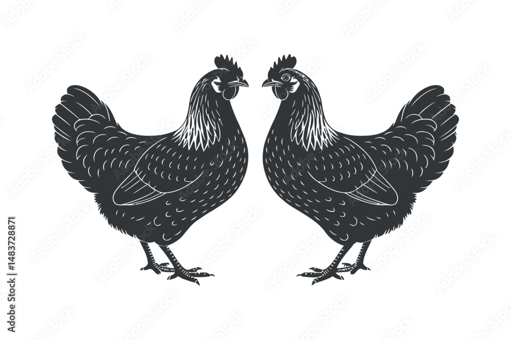 Fototapeta premium Two hens facing each other in a symmetrical black and white illustration